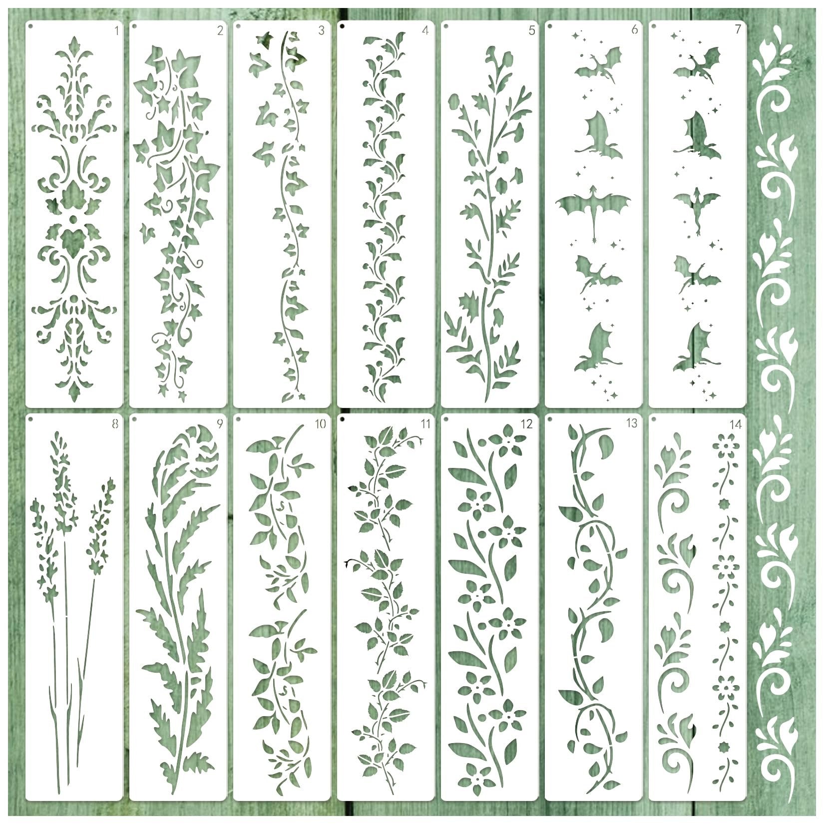 14 border stencils with floral and dragon vine leaf designs, arranged in two rows on a green wood background.