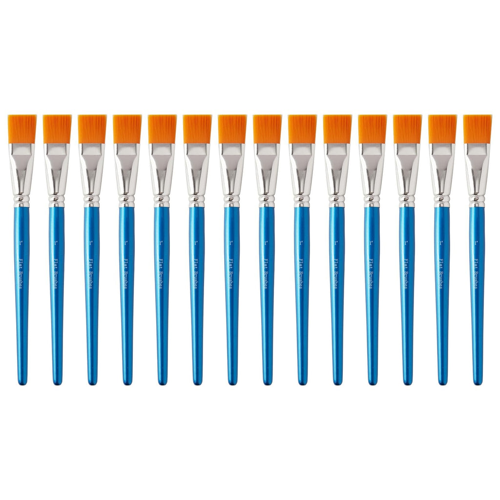 Set of 14 flat paint brushes with orange bristles and blue handles, arranged in a row against a white background.
