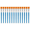 Set of 14 flat paint brushes with orange bristles and blue handles, arranged in a row against a white background.
