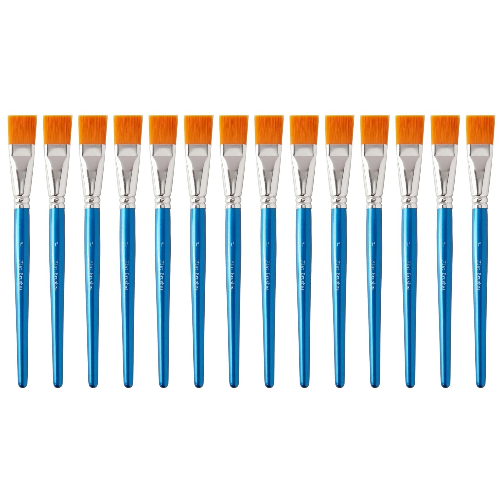 Set of 14 flat paint brushes with orange bristles and blue handles, arranged in a row against a white background.