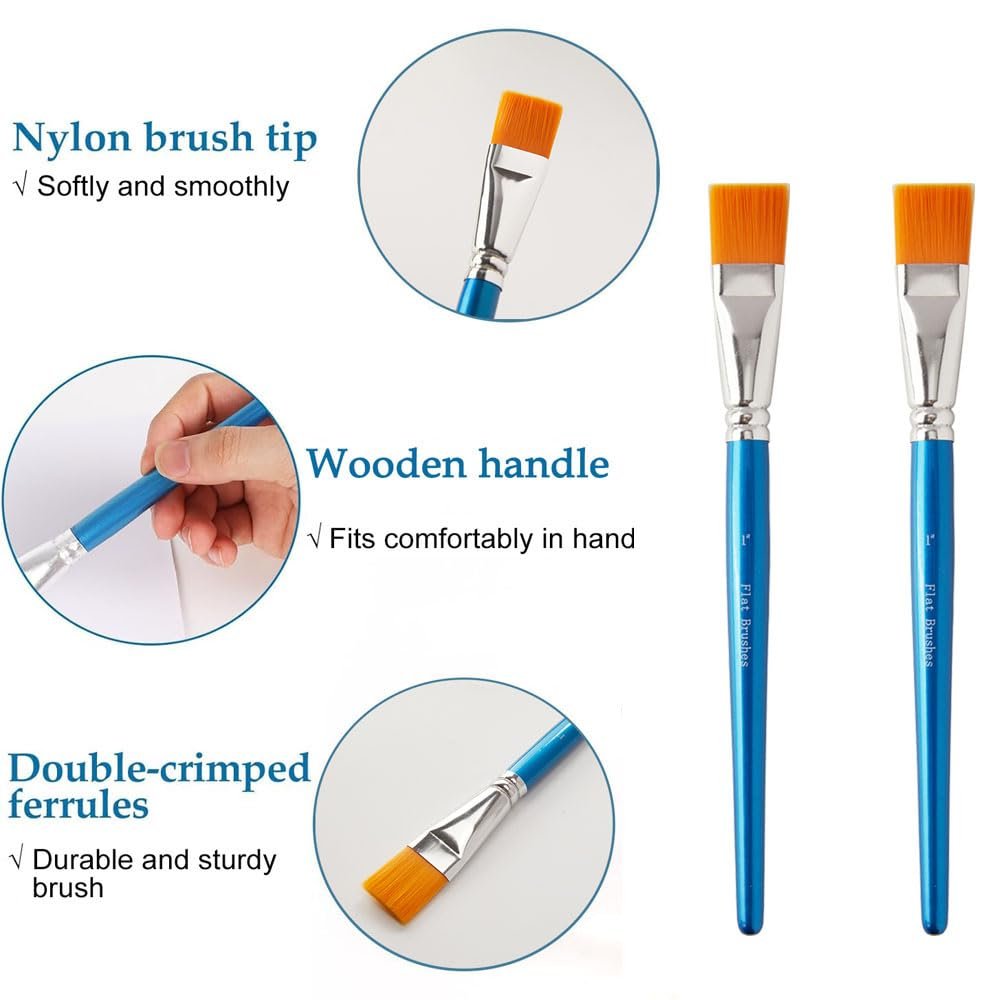 Set of two flat paint brushes with orange bristles and blue wooden handles, showing details of bristles, handle, and ferrules.