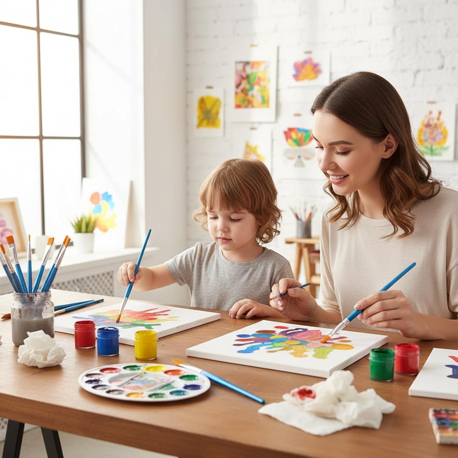 Mother and child painting on canvas with colorful paints and brushes