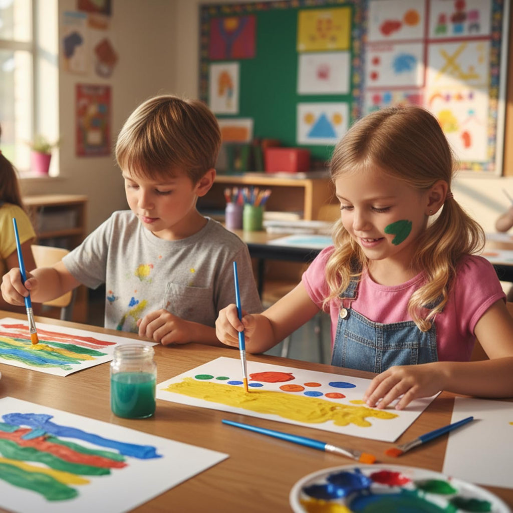 Children painting colorful pictures in a classroom setting with art supplies on a wooden table.