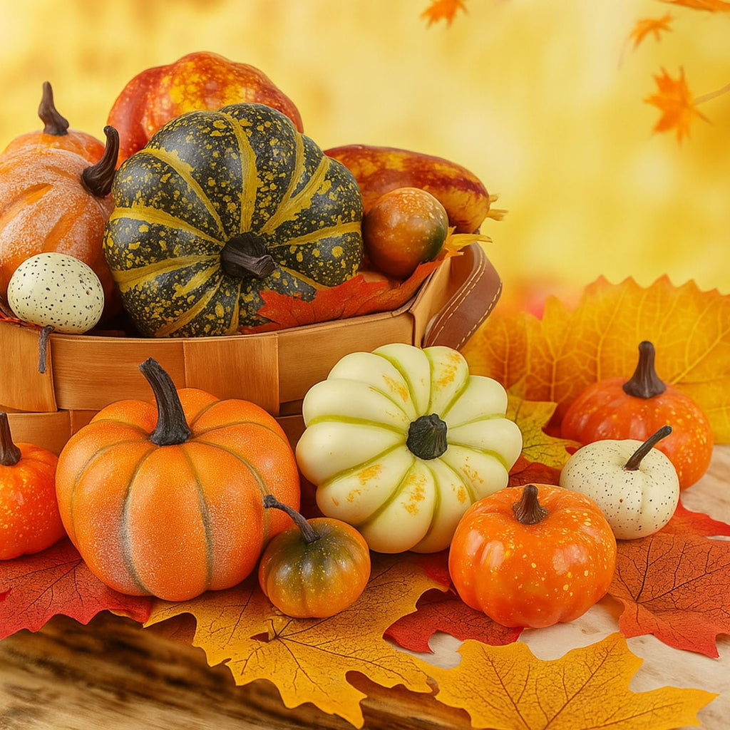 Assortment of artificial pumpkins and faux maple leaves arranged on a wooden surface with a blurred yellow background.