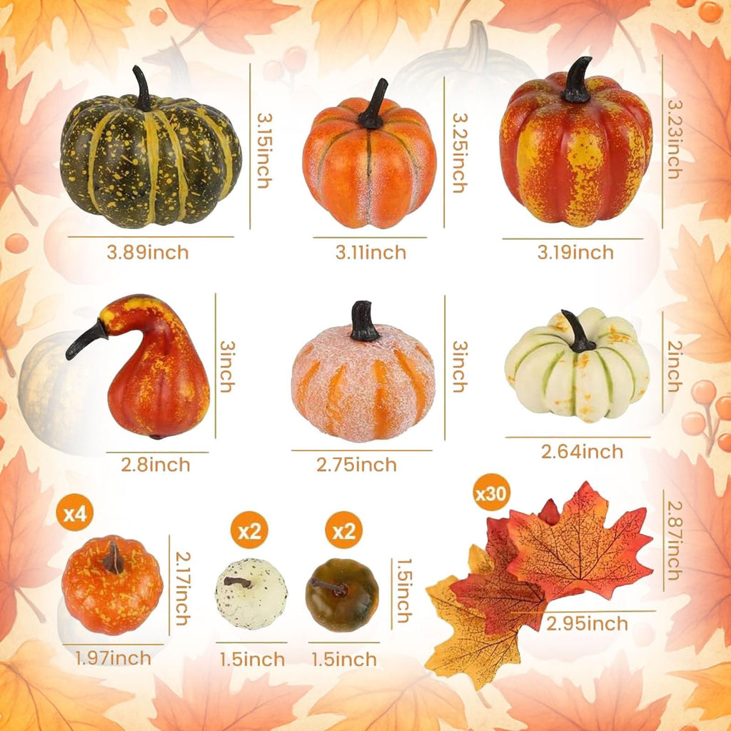 Assortment of artificial pumpkins and faux maple leaves with dimensions labeled.