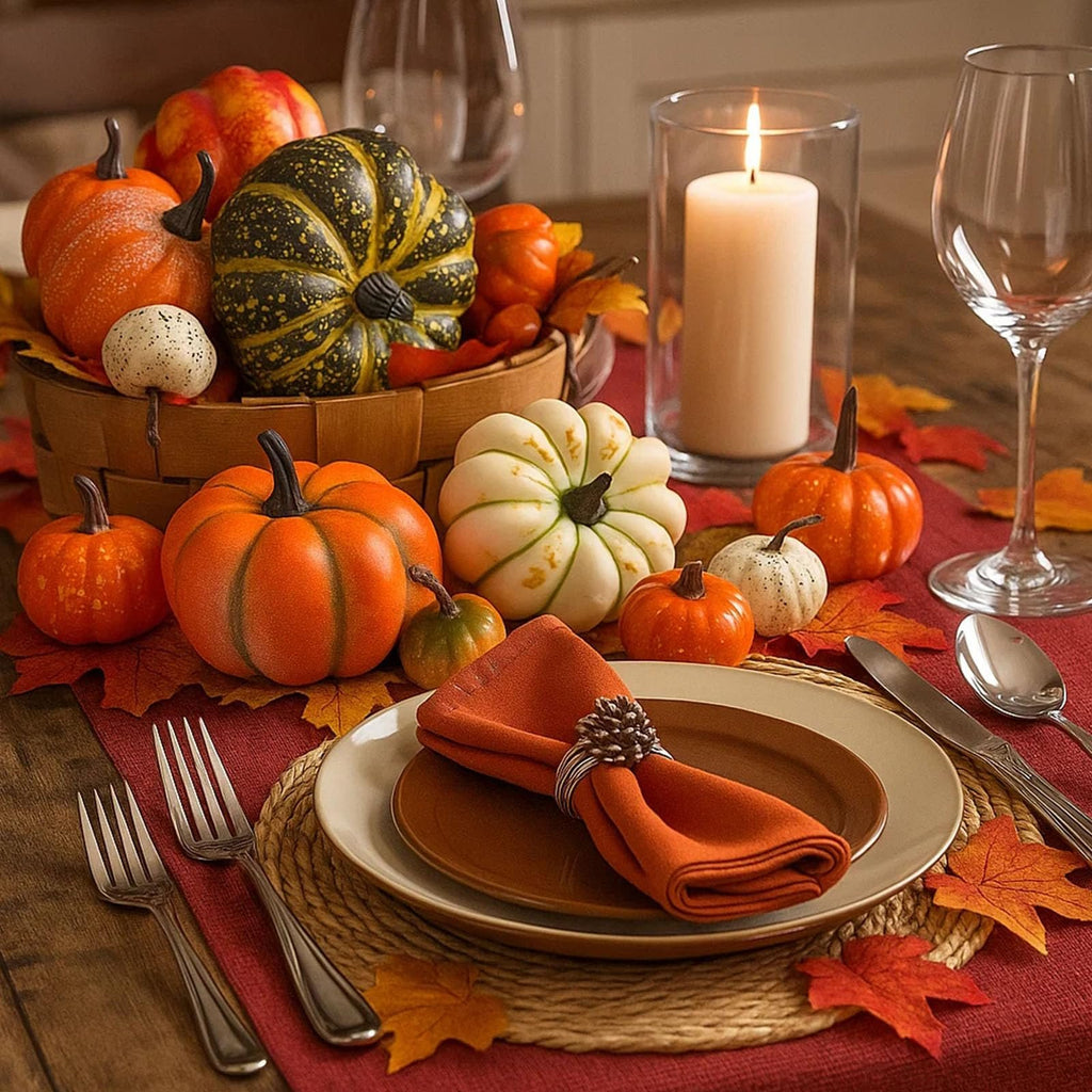 Table setting with assorted artificial pumpkins, faux maple leaves, a lit candle, and dinnerware for fall decor.