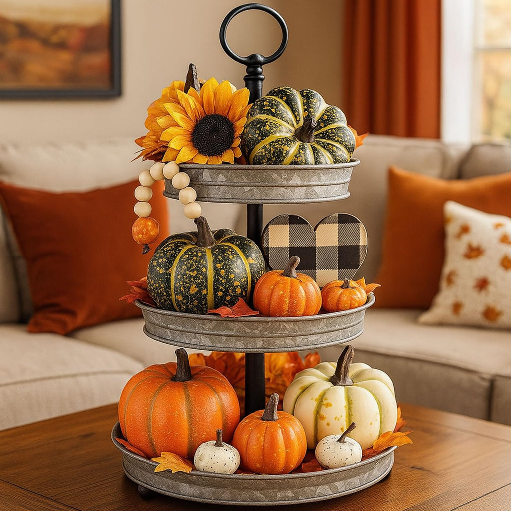 Tiered tray with assorted artificial pumpkins, a sunflower, and faux maple leaves, displayed on a coffee table with a sofa in the background.