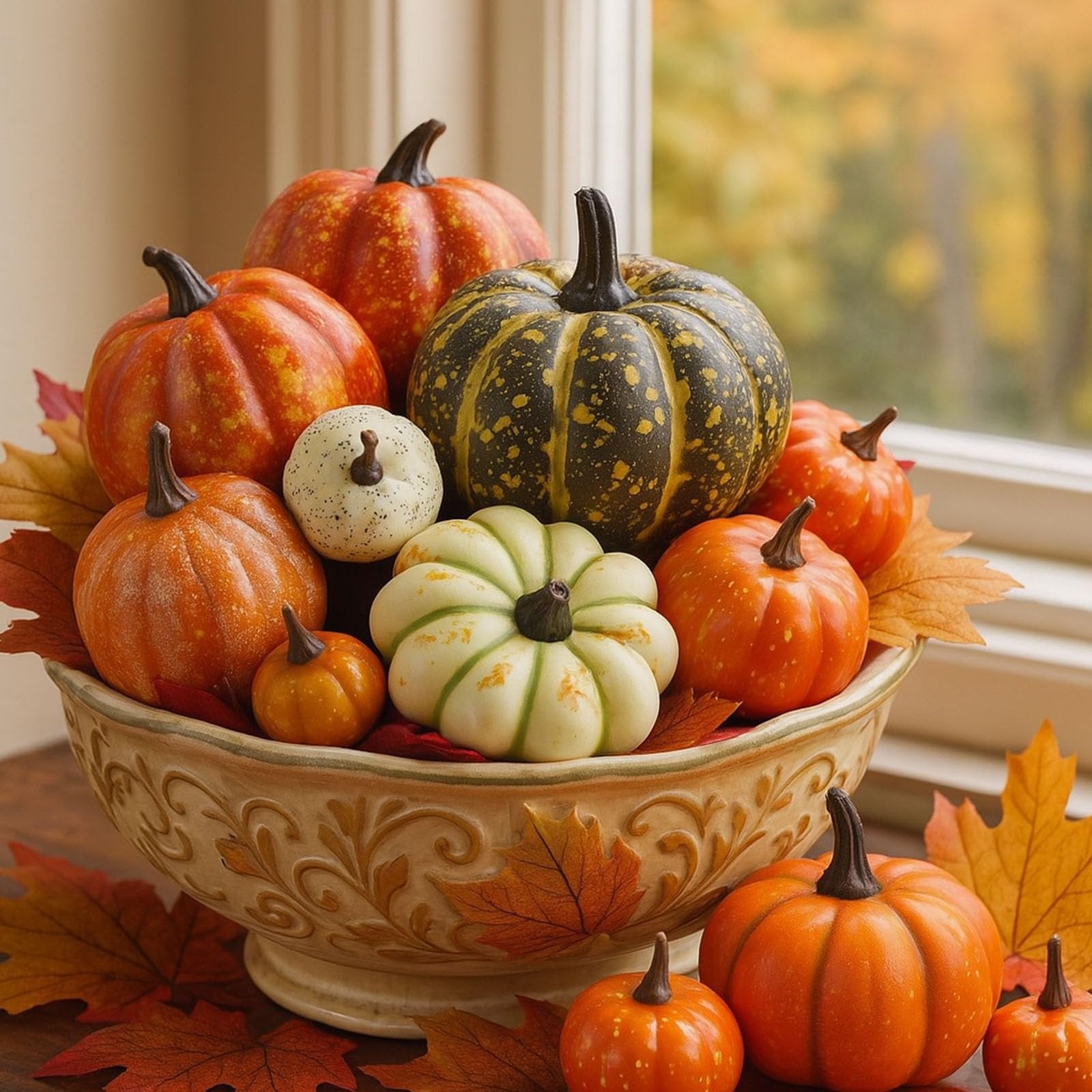 Assortment of artificial pumpkins and faux maple leaves in a decorative bowl, arranged for fall decor.