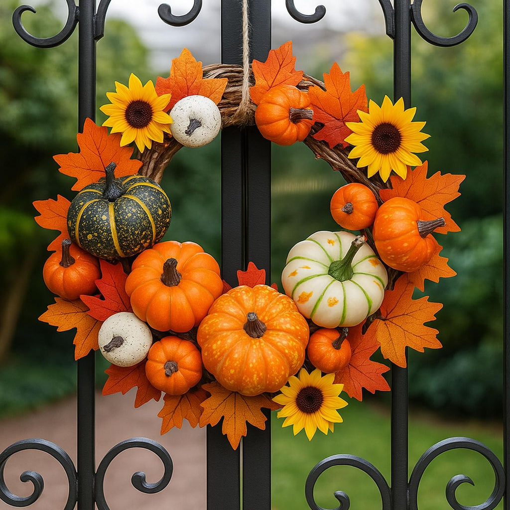 Autumn wreath with assorted pumpkins, sunflowers, and faux maple leaves hanging on a black metal gate.