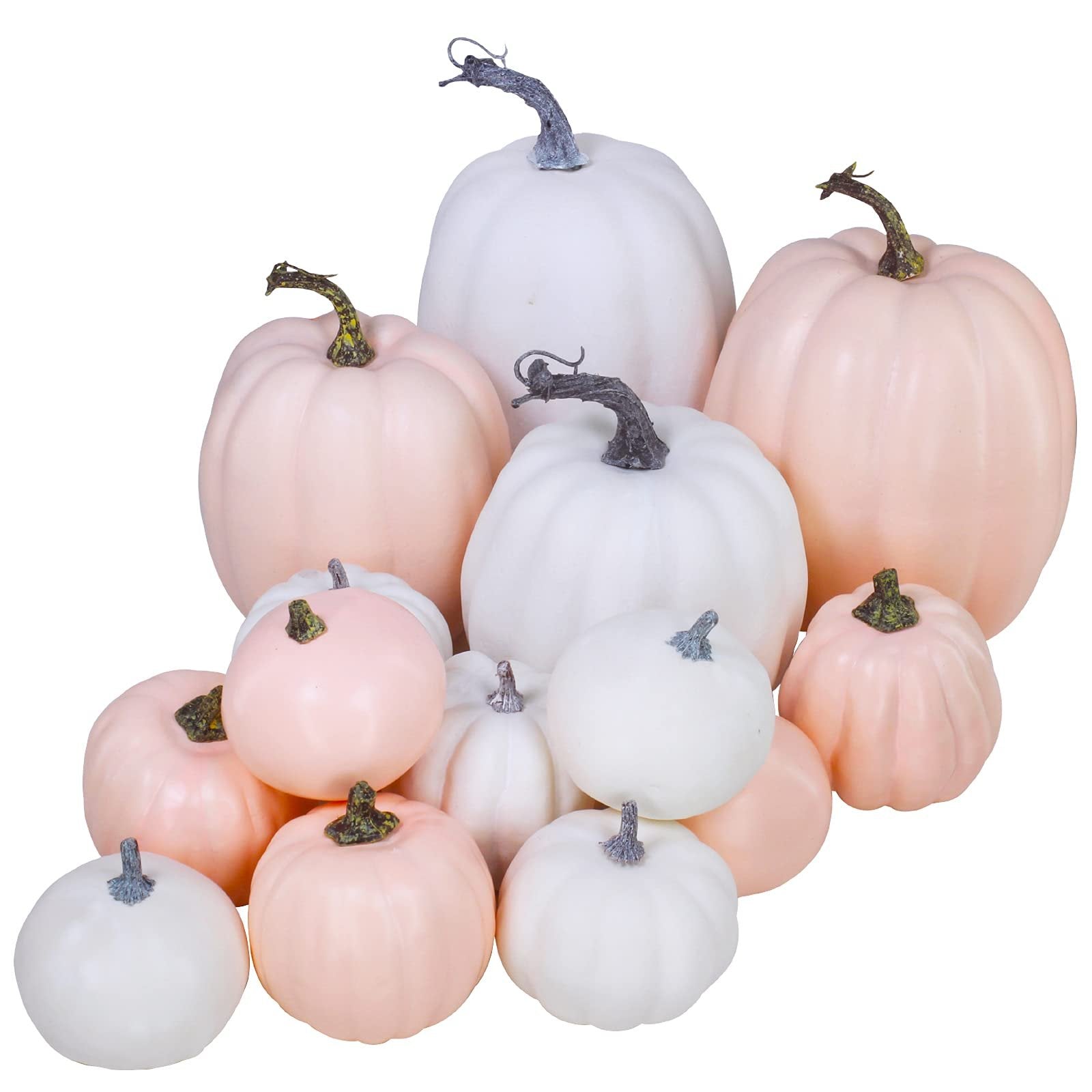 Assorted white and pink faux foam pumpkins of various sizes arranged together on a white background.