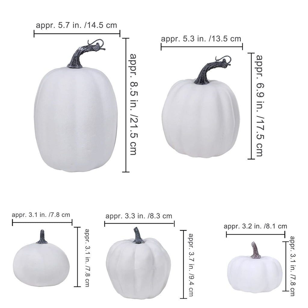 Five white faux foam pumpkins with dimensions indicated by measurement lines and text.
