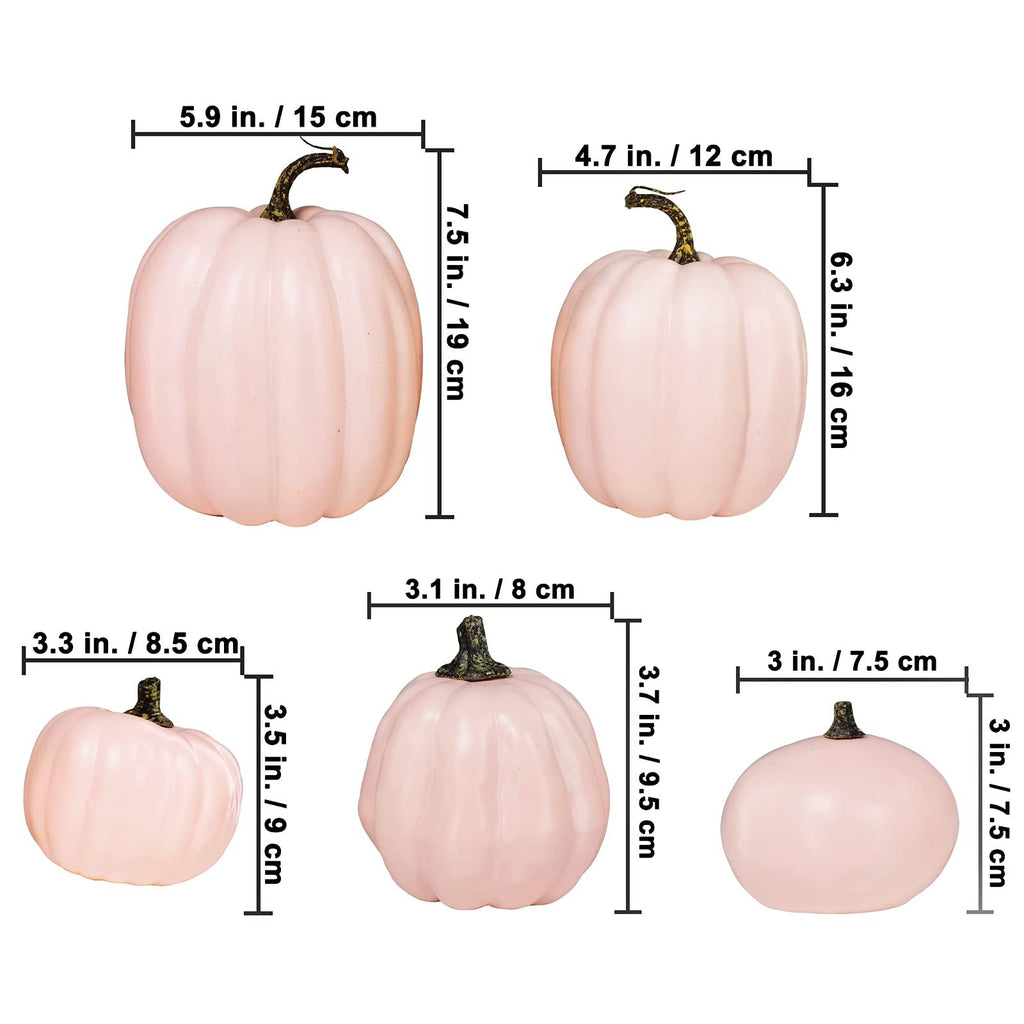 Five assorted pink faux foam pumpkins with dimension callouts showing width and height in inches and centimeters.