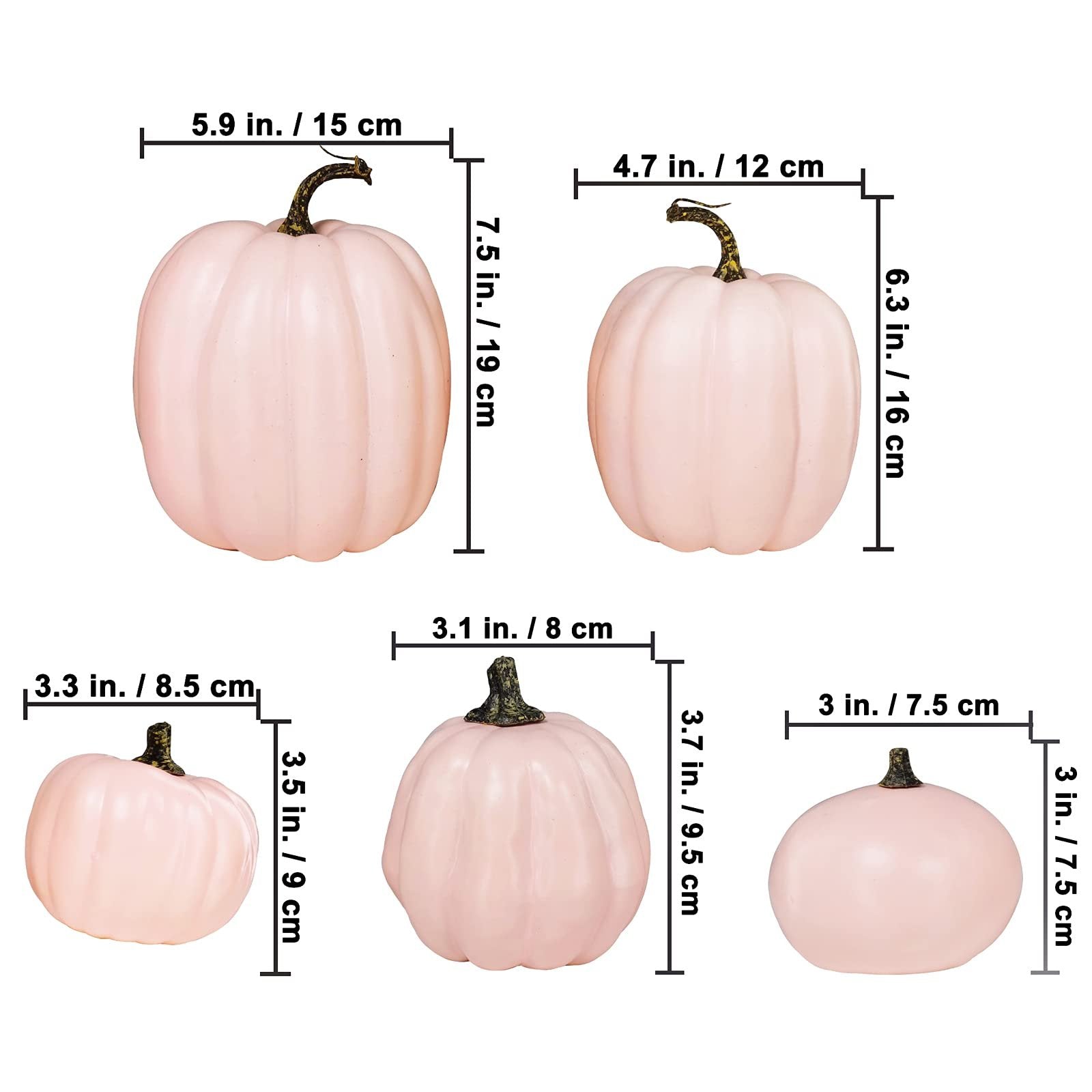 Five assorted pink faux foam pumpkins with dimension callouts showing width and height in inches and centimeters.