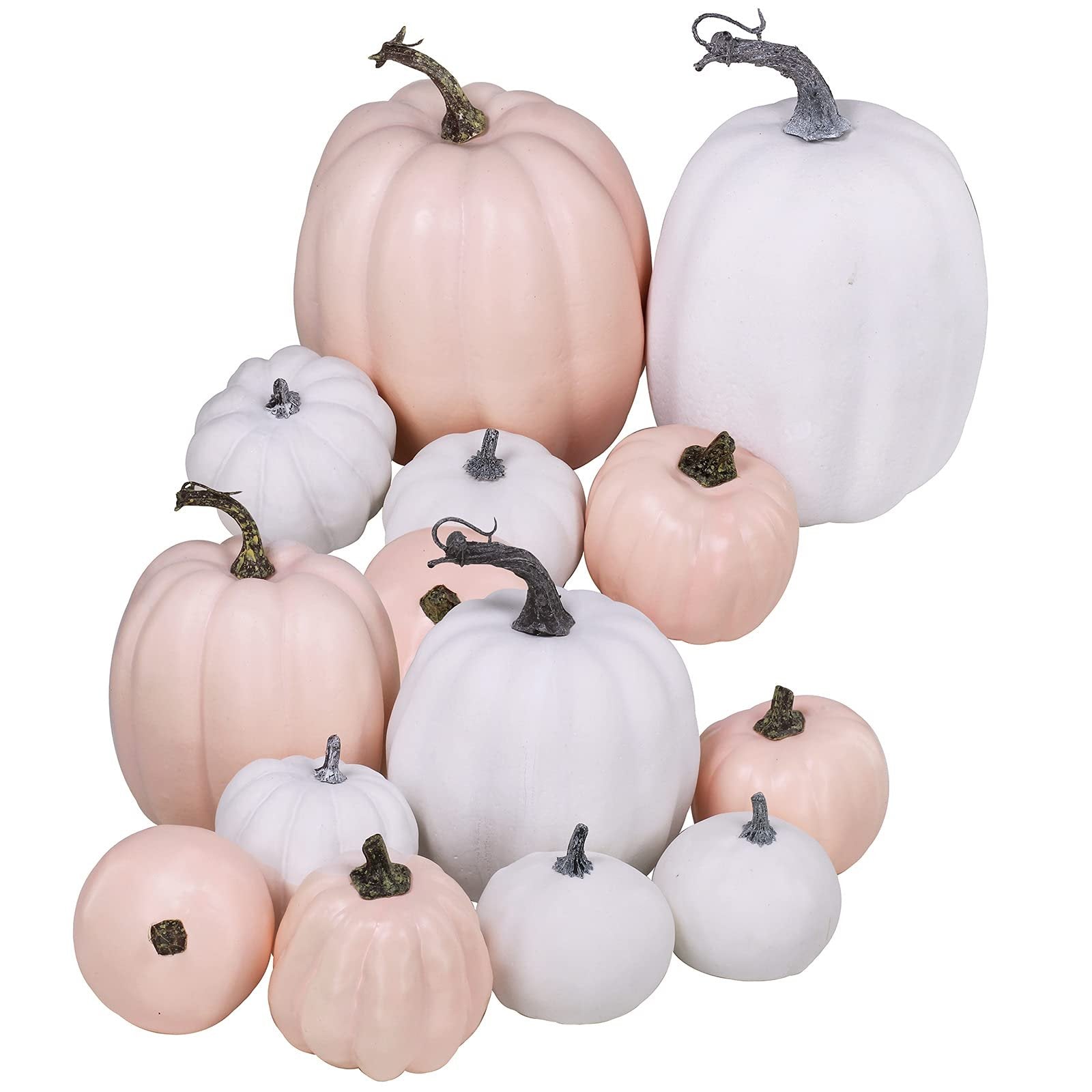 Assorted white and pink faux foam pumpkins of various sizes arranged together on a white background.