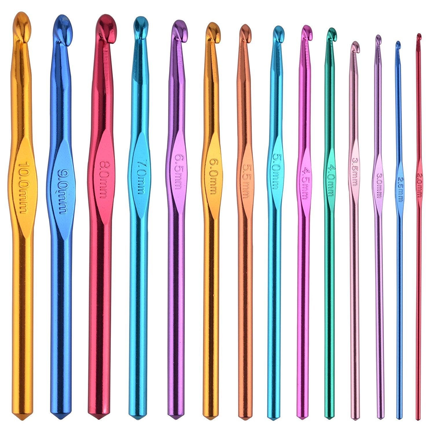 Set of 14 multicolor aluminum crochet hooks with sizes 2mm to 10mm printed on each hook.