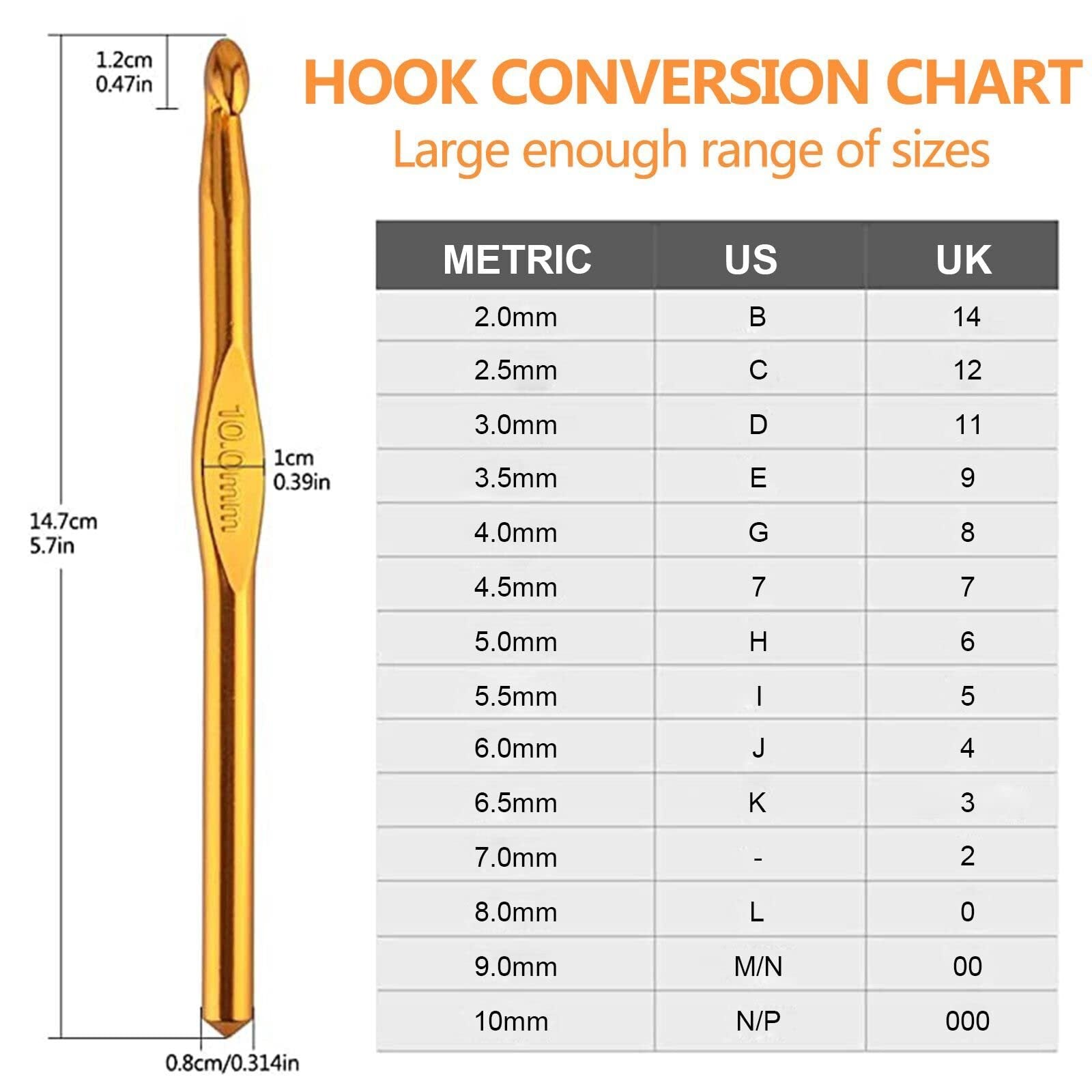 Gold crochet hook with size 10.0mm and dimensions shown next to a hook conversion chart with metric, US, and UK sizes.