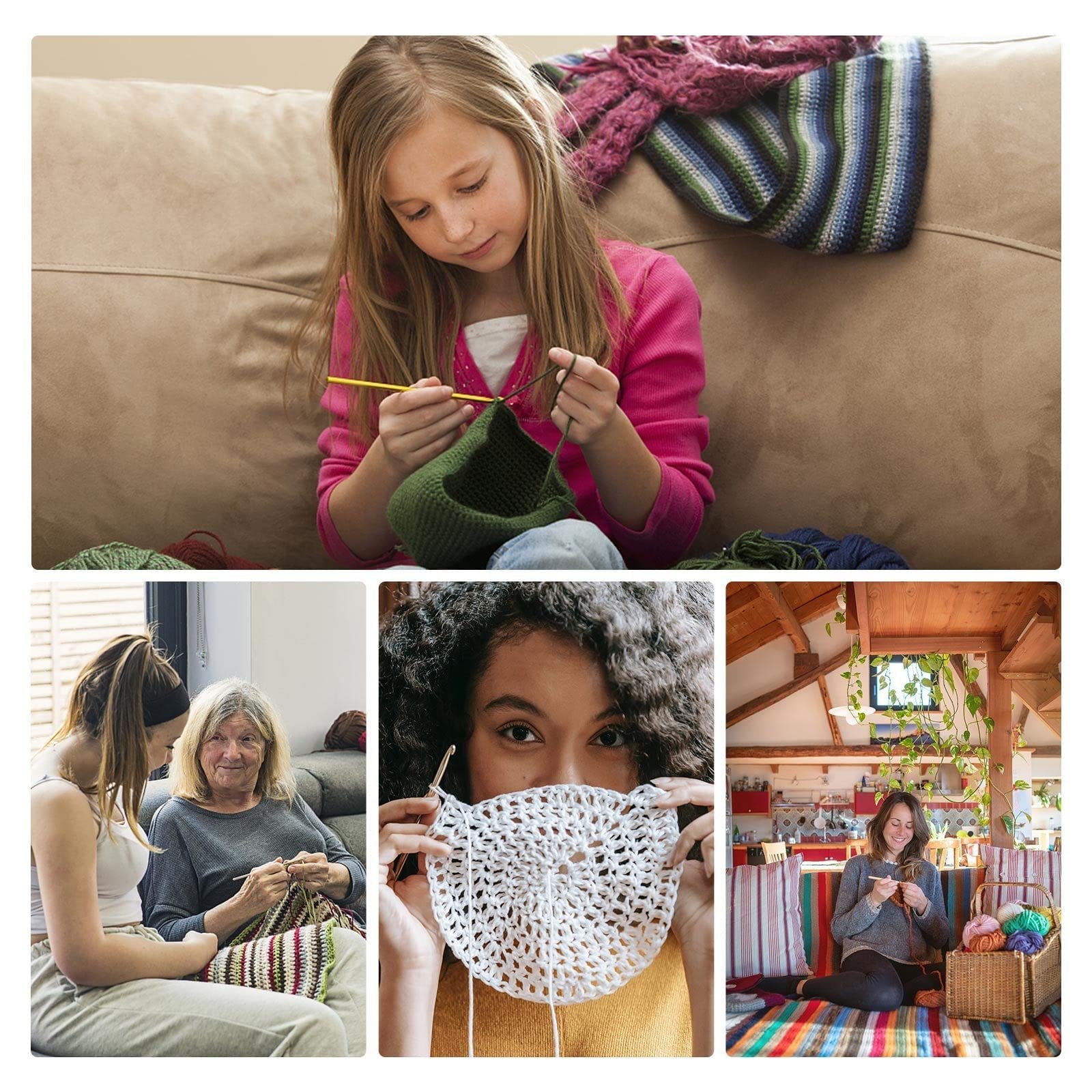 Collage of people crocheting: young girl on couch, two women on couch, woman holding crochet work, woman on floor with yarn.