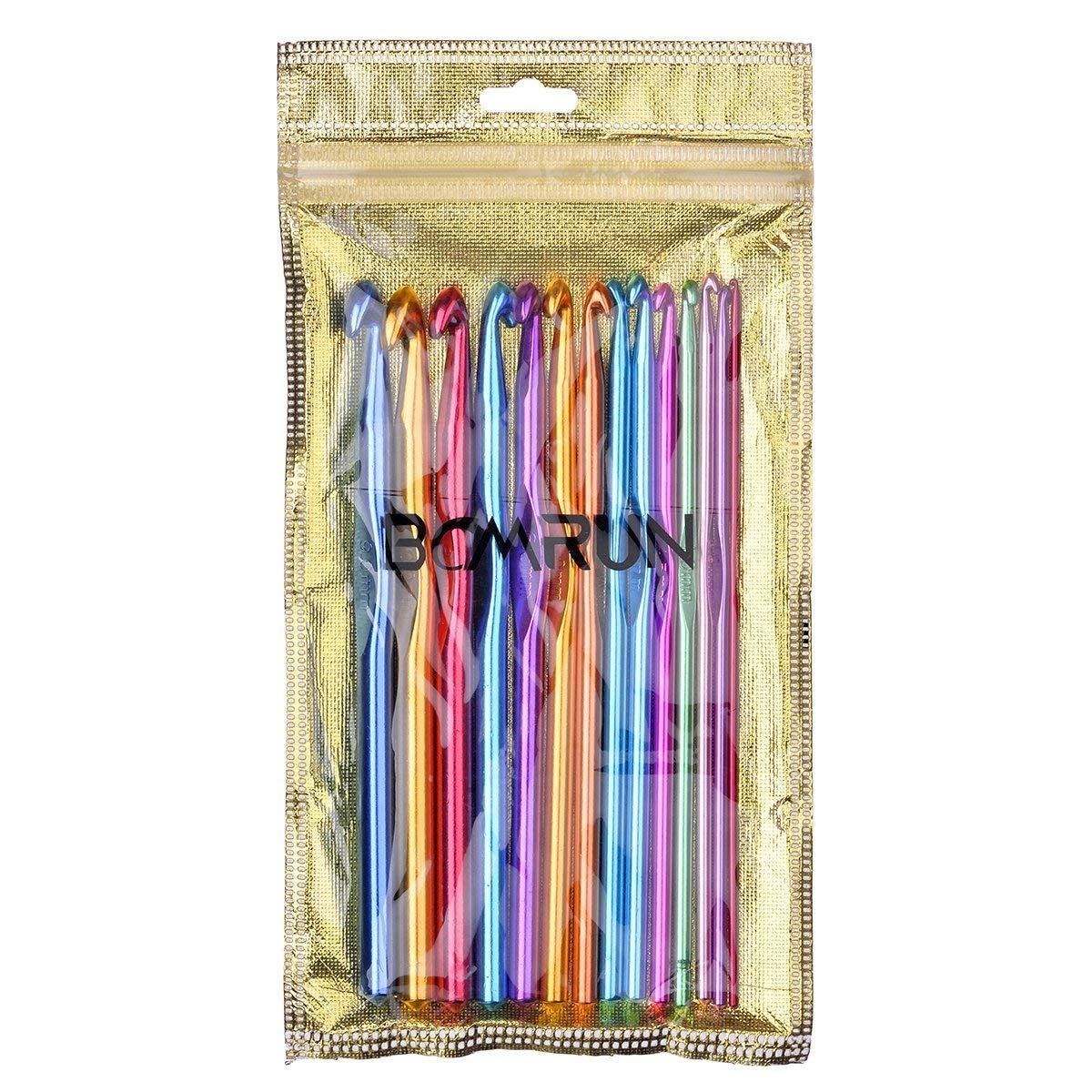 Set of 14 multicolor aluminum crochet hooks in a clear plastic pouch, showing brand name printed on the hooks.