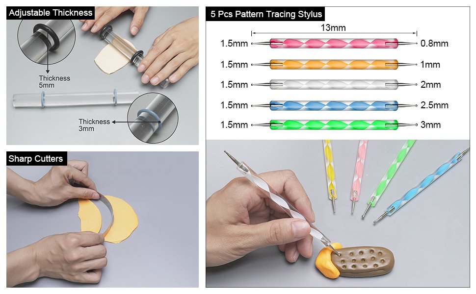 Polymer clay tools including rolling pins with thickness rings, pattern tracing styluses, and cutters being demonstrated.