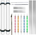 Polymer clay tool kit including acrylic rollers, dotting tools, blades, and metal strips.