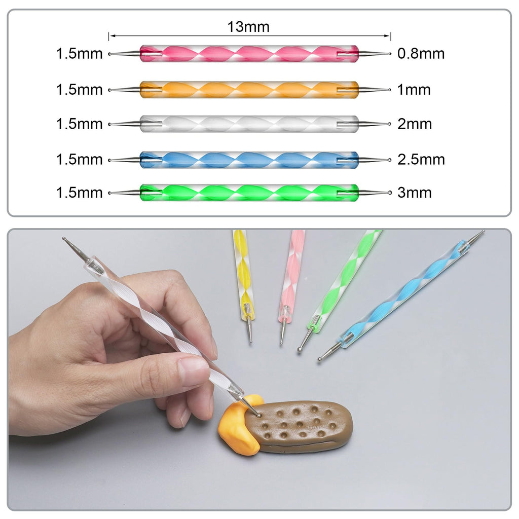 Set of polymer clay dotting tools with different tip sizes and colored handles, shown in use on clay.