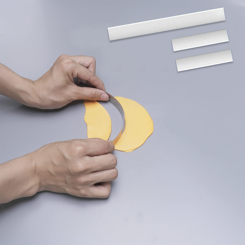 Hands using a curved metal cutter to shape yellow polymer clay, with three rectangular blades shown above.