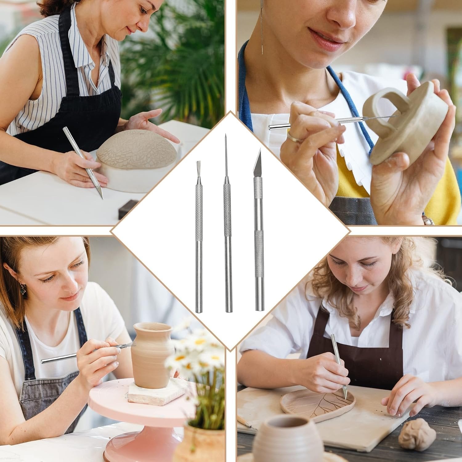 Four women working with clay, with close-ups of clay sculpting tools in the center.