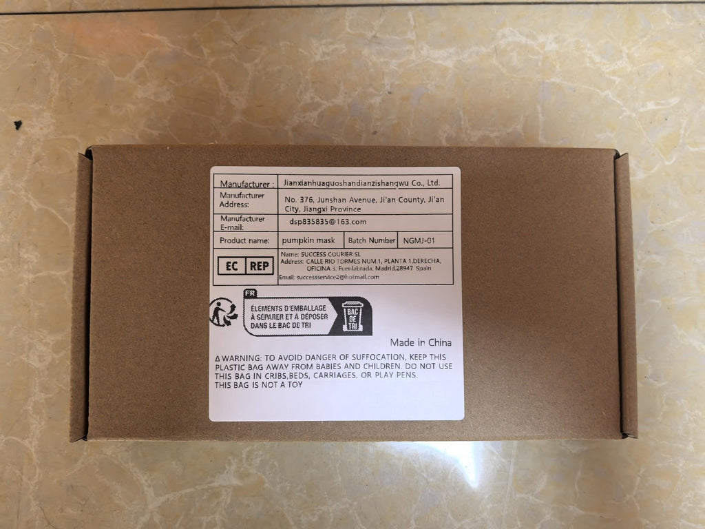 Cardboard box with shipping and warning labels, showing manufacturer and product information.