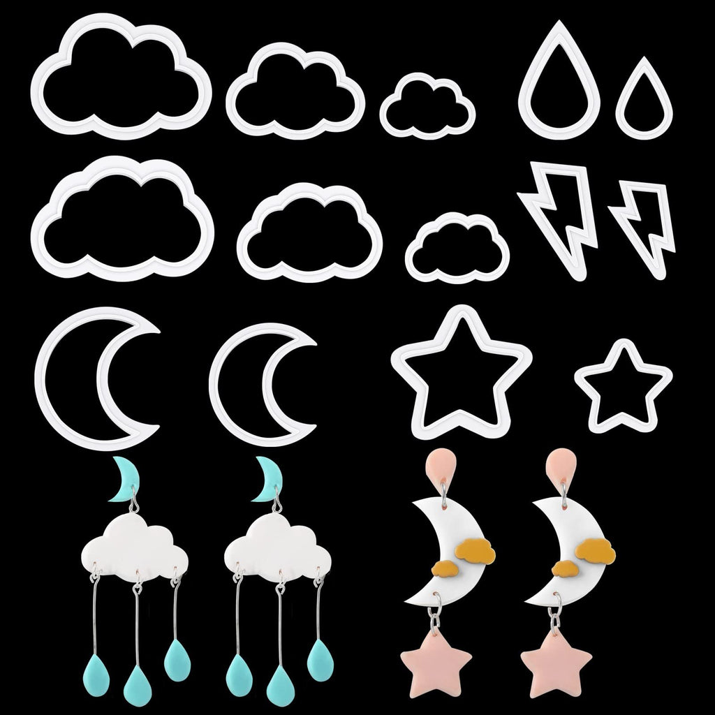 White plastic polymer clay cutters in cloud, moon, star, bolt, and raindrop shapes, with finished earring examples.