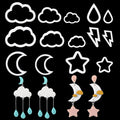 White plastic polymer clay cutters in cloud, moon, star, bolt, and raindrop shapes, with finished earring examples.