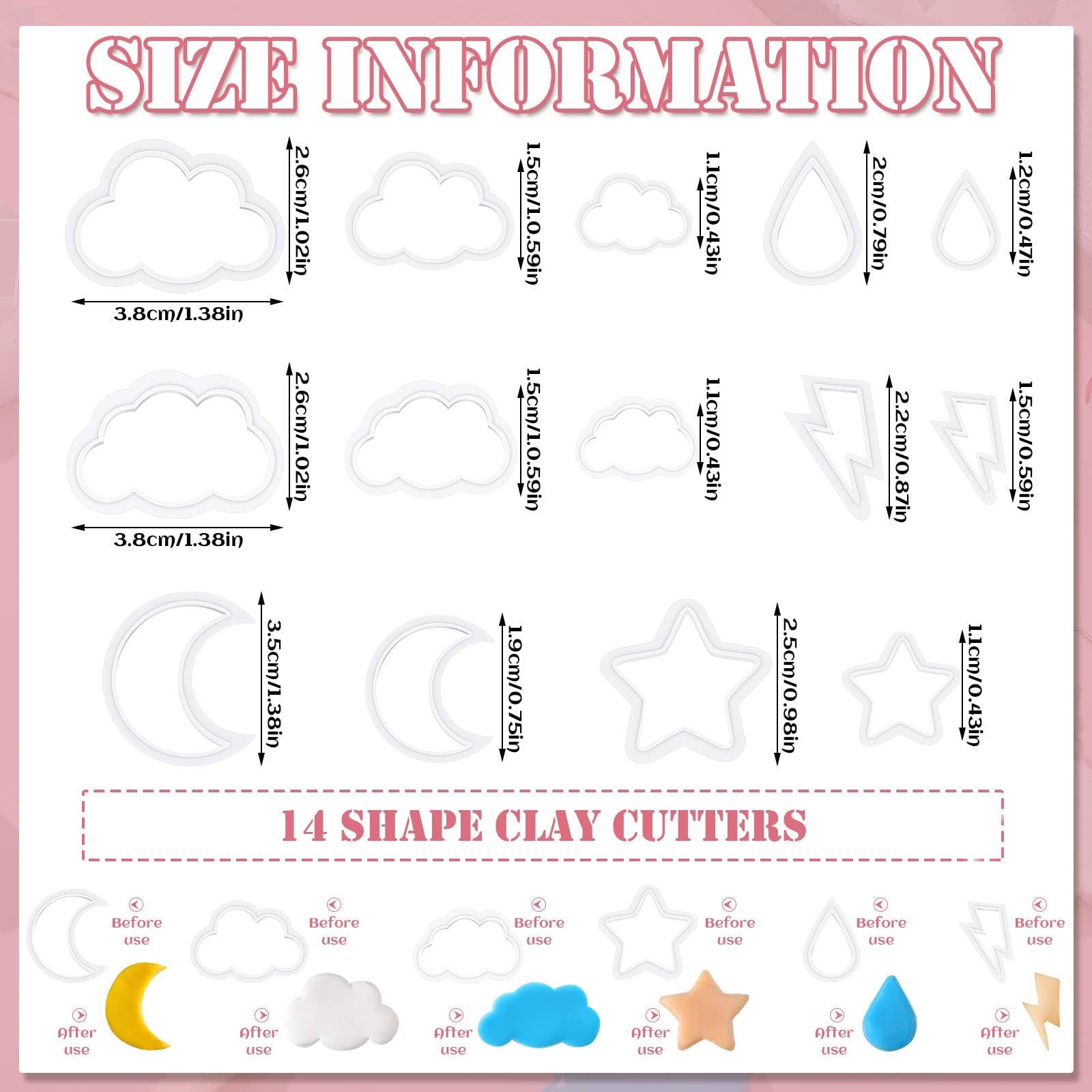 Set of 14 white plastic polymer clay cutters in cloud, moon, star, teardrop, and lightning bolt shapes, with size dimensions and before/after use examples.