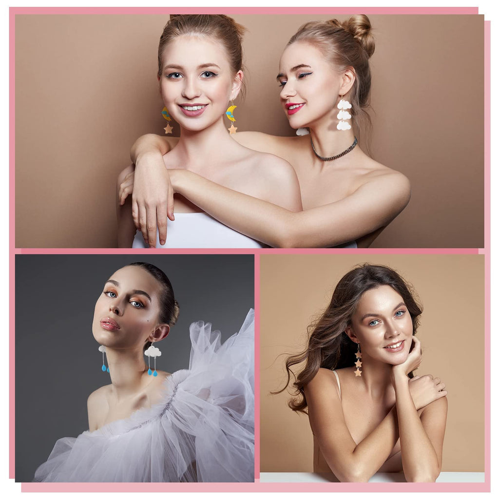 Collage of three women modeling cloud, star, and raindrop earrings. The top section shows two women embracing, each wearing different earrings. The bottom left shows a woman in a white tulle dress wearing cloud and raindrop earrings. The bottom right shows a woman with long brown hair wearing star e