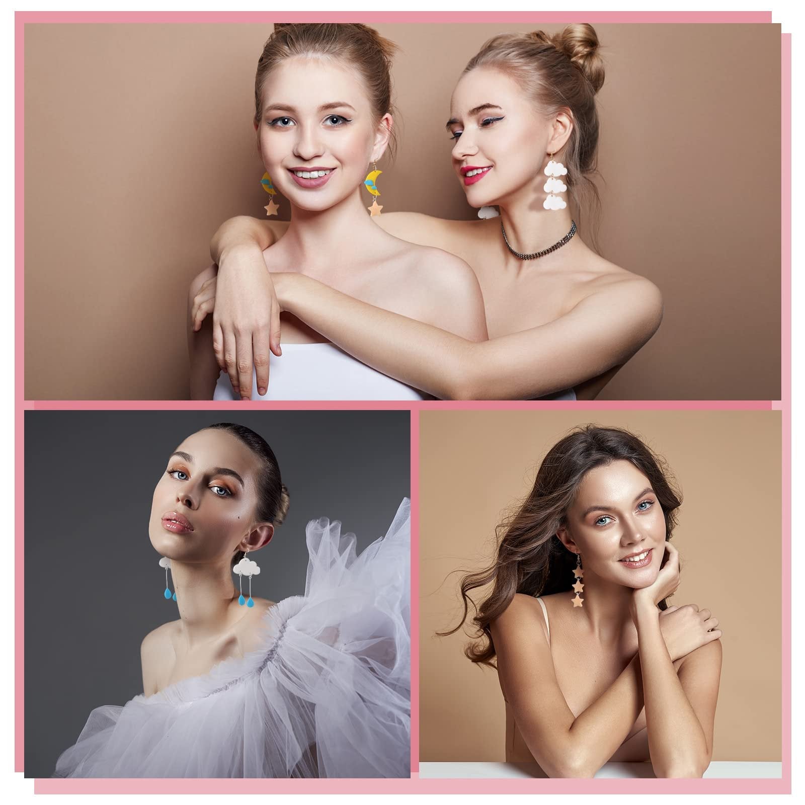 Collage of three women modeling cloud, star, and raindrop earrings. The top section shows two women embracing, each wearing different earrings. The bottom left shows a woman in a white tulle dress wearing cloud and raindrop earrings. The bottom right shows a woman with long brown hair wearing star e