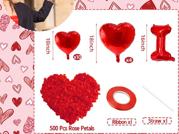Red heart and letter I foil balloons with rose petals, ribbon, and straw