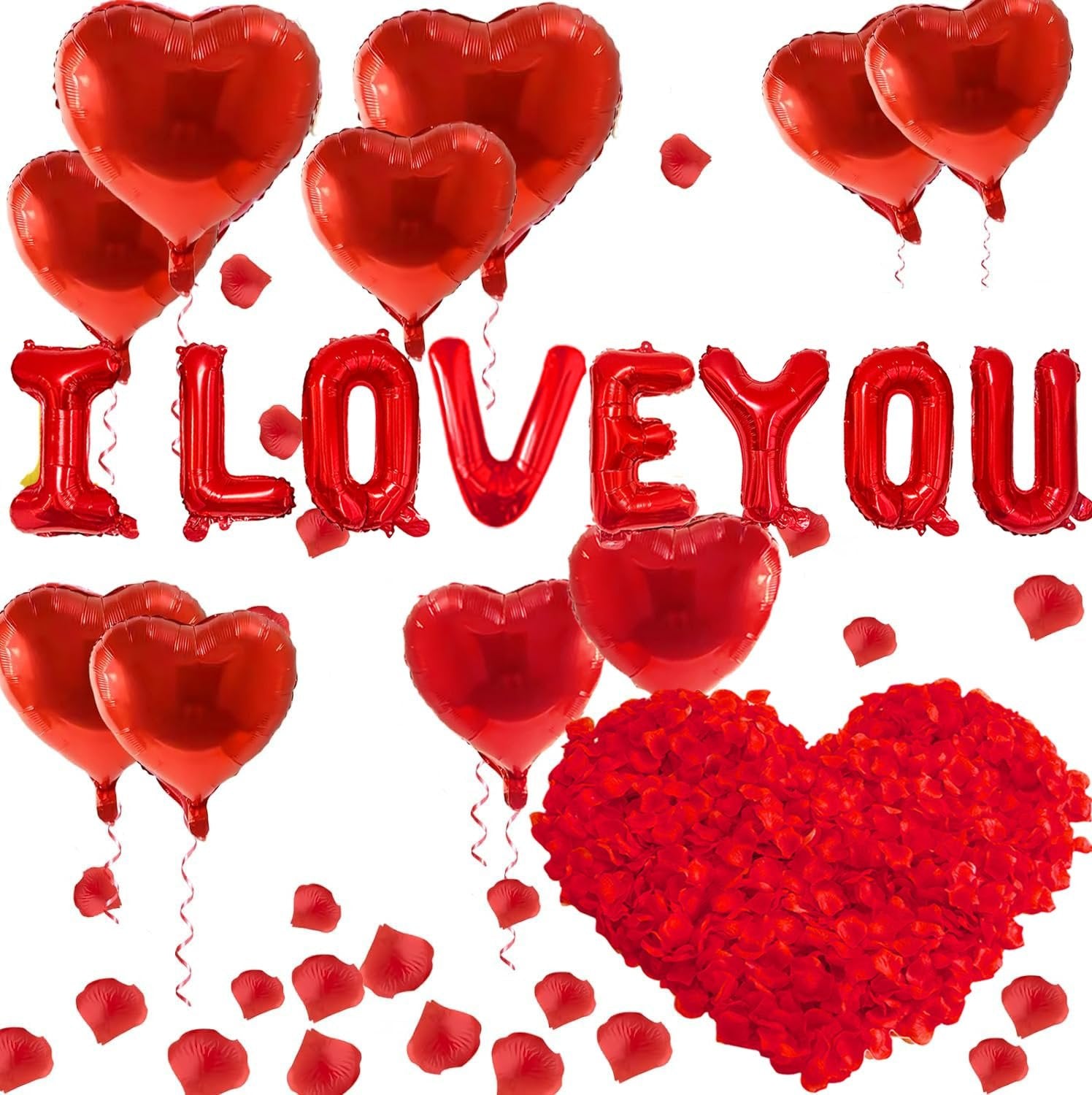 Red heart and letter balloons spelling I LOVE YOU with scattered red rose petals and a large heart made of petals