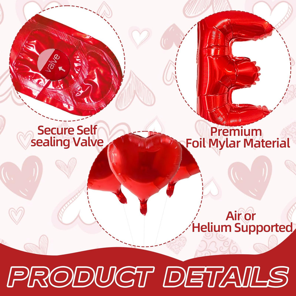 Red heart and letter E foil balloons with close-ups of valve and material, and text callouts.