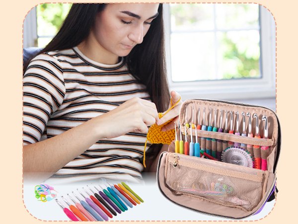 Woman crocheting with a crochet hook case set open, showing ergonomic hooks and stitch markers
