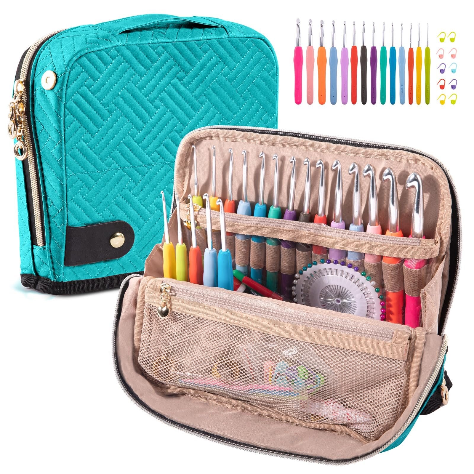 Turquoise quilted crochet hook case open showing ergonomic hooks and accessories, with a closed case and loose hooks beside it.