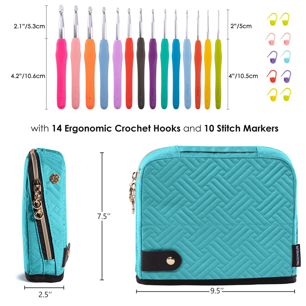 Turquoise crochet hook case with 14 ergonomic hooks and 10 stitch markers, showing dimensions and hook sizes.