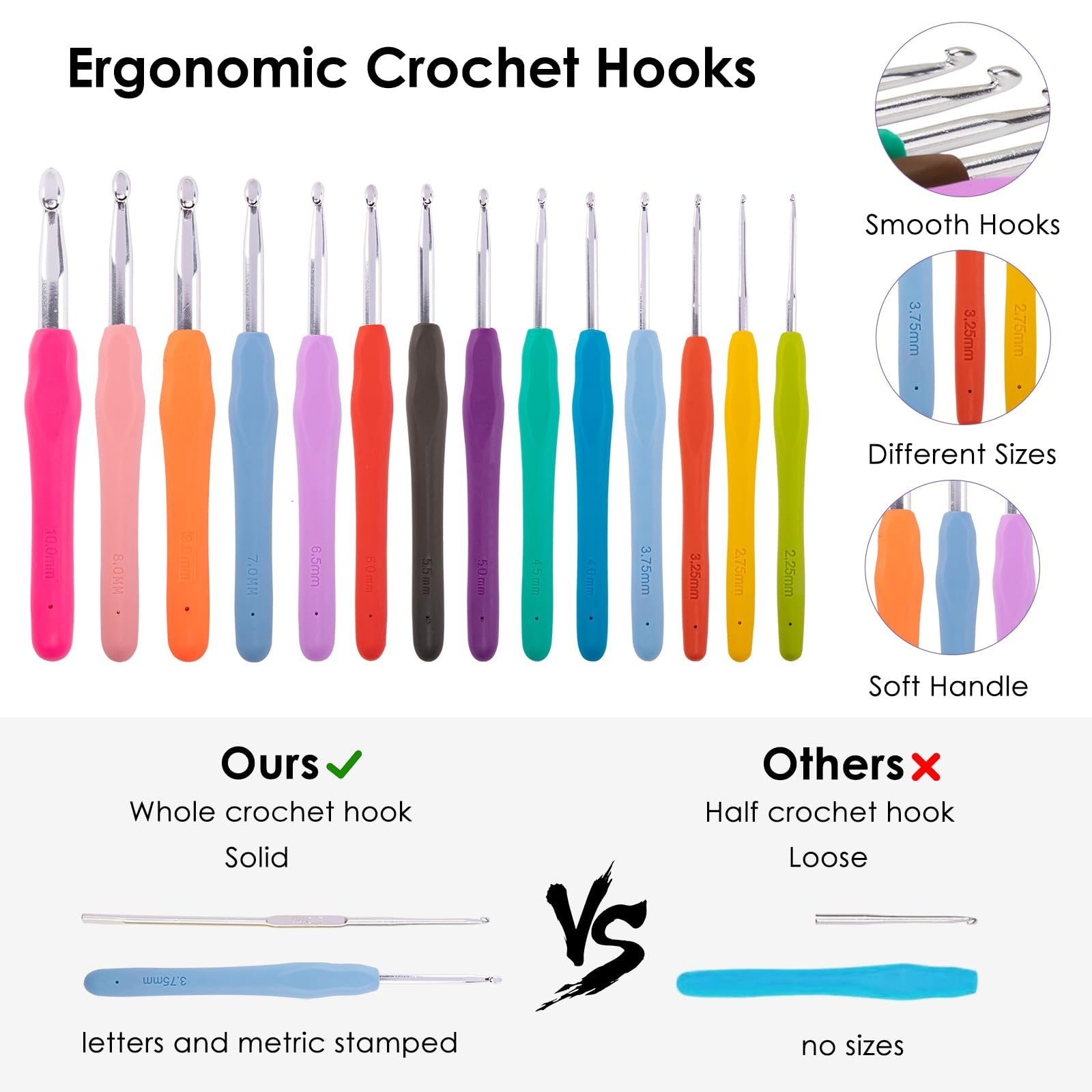Set of ergonomic crochet hooks in various colors and sizes, with comparison to other hooks.