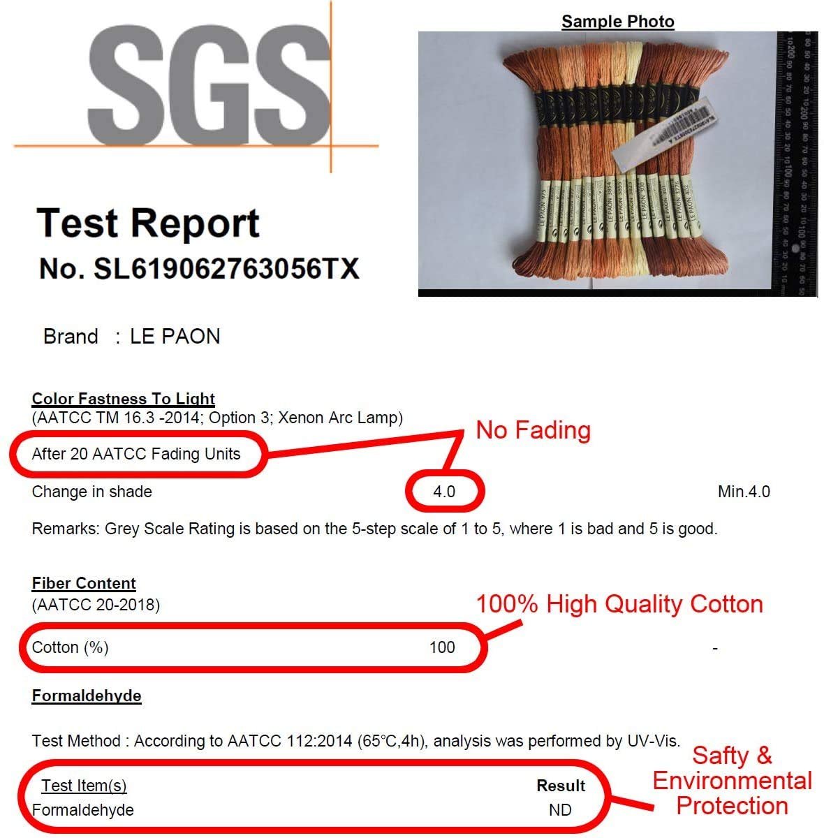 SGS test report for embroidery floss showing color fastness and fiber content with a sample photo of floss skeins.
