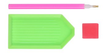 Diamond painting tools including a pink drill pen, green sorting tray, and pink wax cube on a white background.