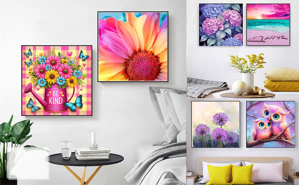 Diamond painting kits displayed on a bedroom wall, featuring flowers, butterflies, owls, and a beach scene.