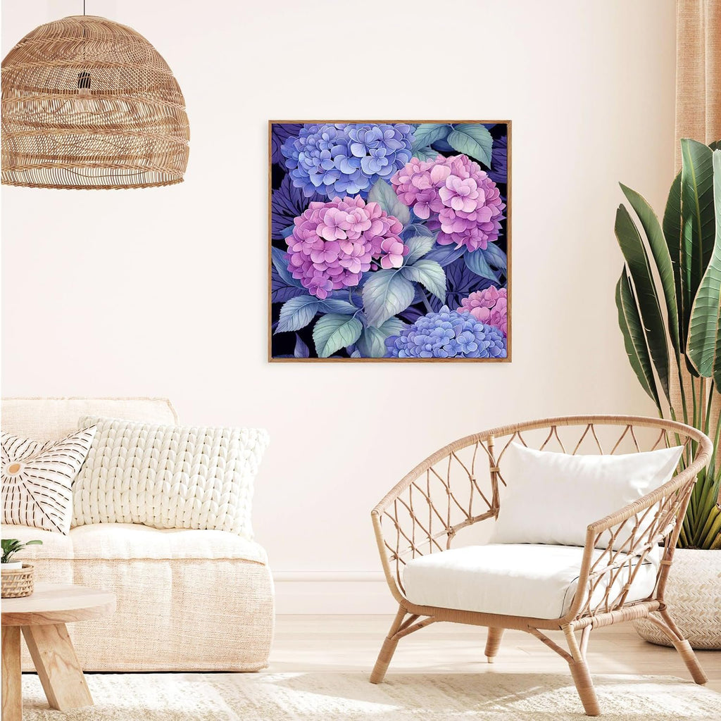 Living room scene with a framed diamond painting of pink and blue hydrangeas hanging on the wall above a chair.