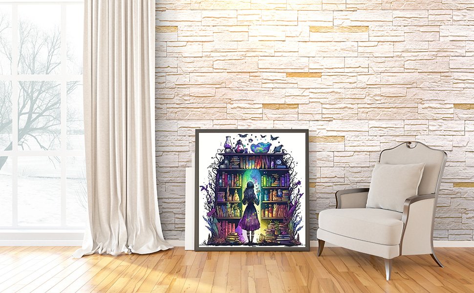 Framed 5D diamond art painting of a girl in front of a magical bookshelf, displayed in a room with a window and armchair.