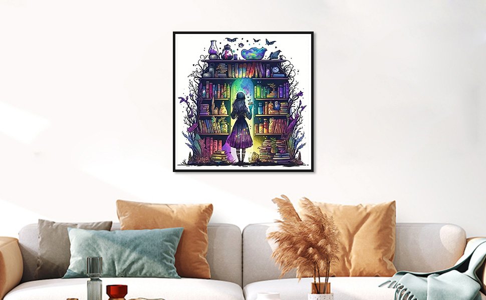 Diamond painting kit artwork of a girl looking at a magical bookshelf filled with books and potions.