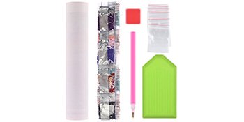 Diamond art kit contents including a white tube, multiple small sealed bags of rhinestones, a pink diamond painting pen, a red square, and a green tray.
