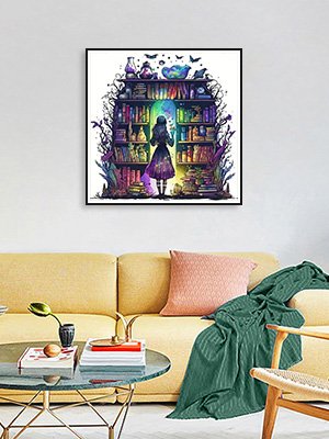 Diamond painting kit artwork of a girl looking at a magical bookshelf in a living room setting.