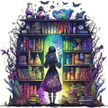 Girl in a dress looking at a magical bookshelf filled with books and potions, with bats flying overhead.