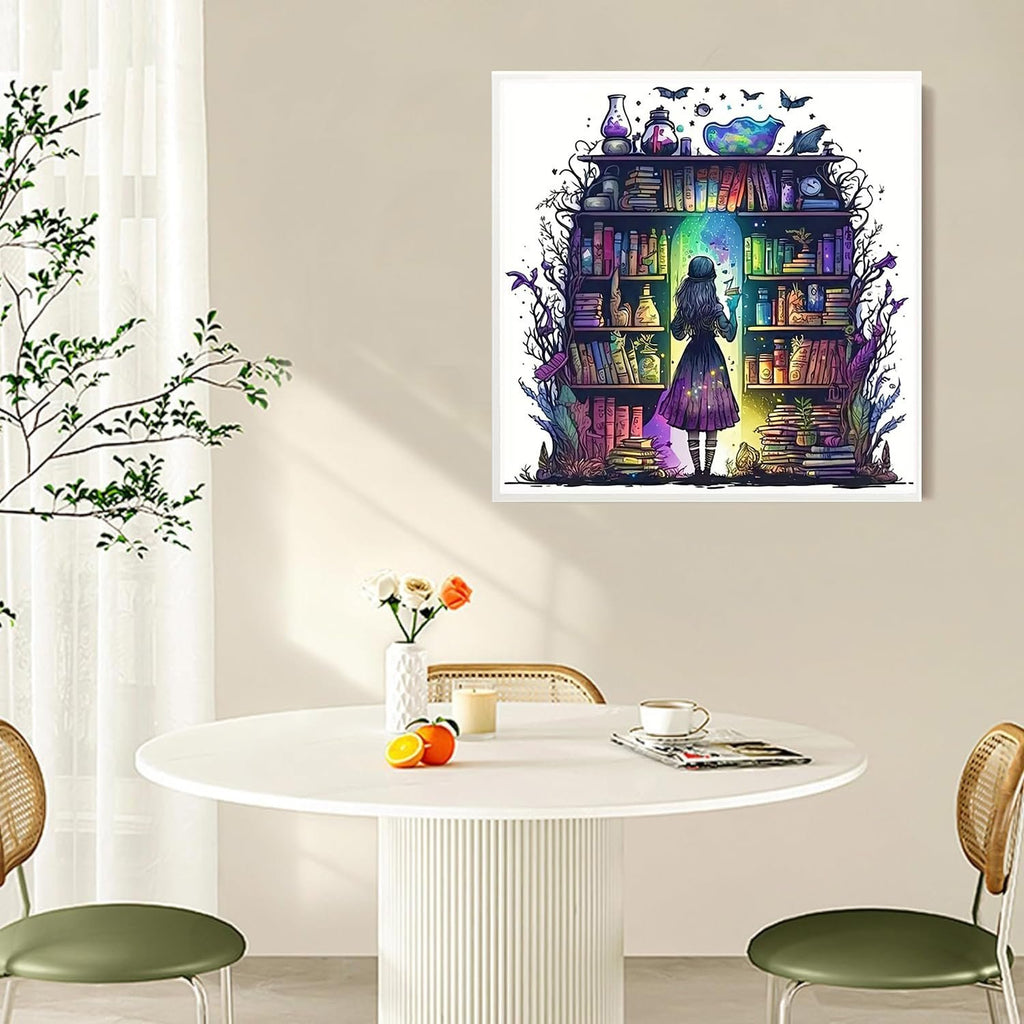 Diamond painting kit showing a girl in front of a magical bookshelf, displayed in a dining room setting.